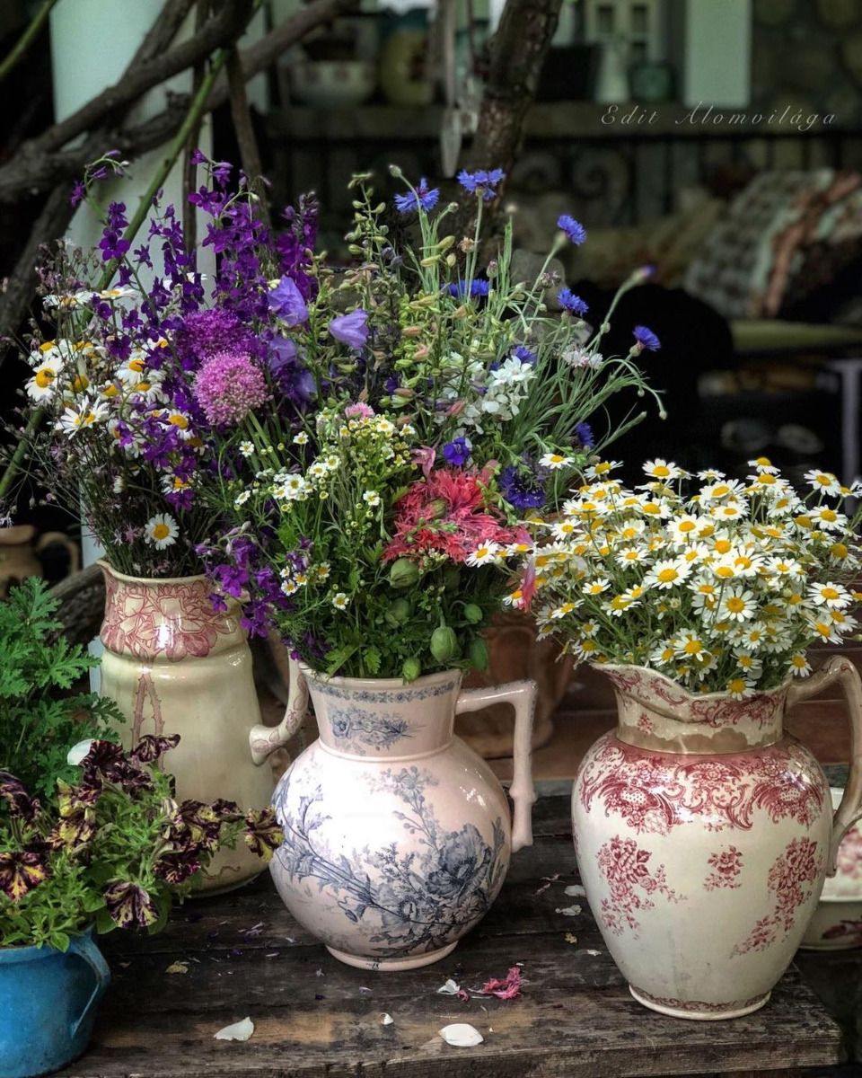 Lovely flowers in pitchers used as vases