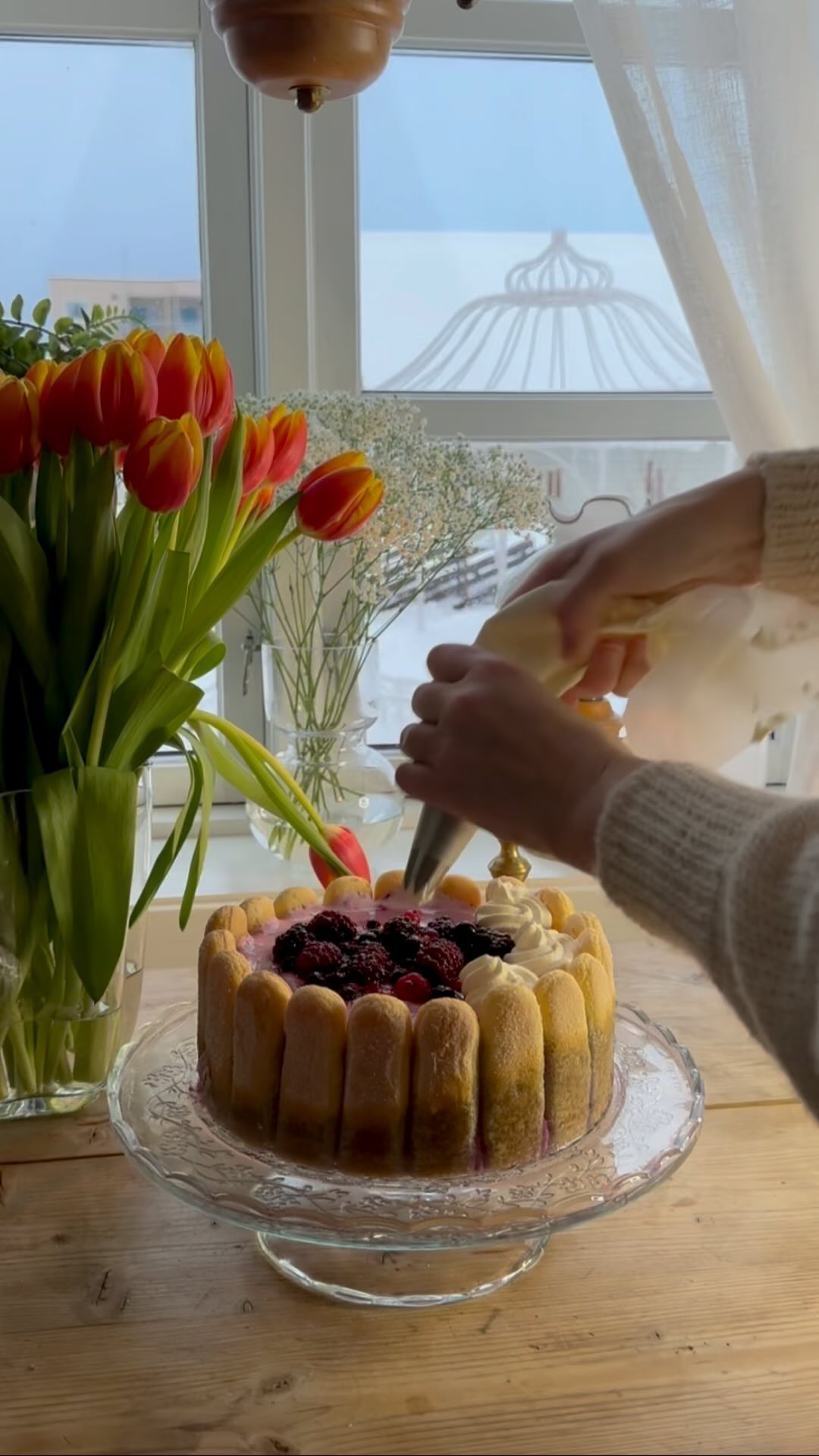 Cake with forest berries Finger biscuits 3 dl cream 1 dl caster sugar 200 g cream cheese 1 pk blueberry…